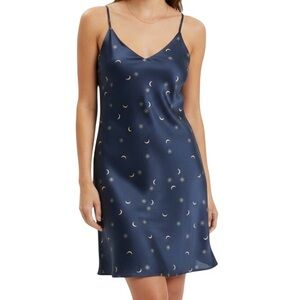 Rails Brianna 100% Silk Slip Dress Chemise Sz M Navy  Crescent Moon Celestial